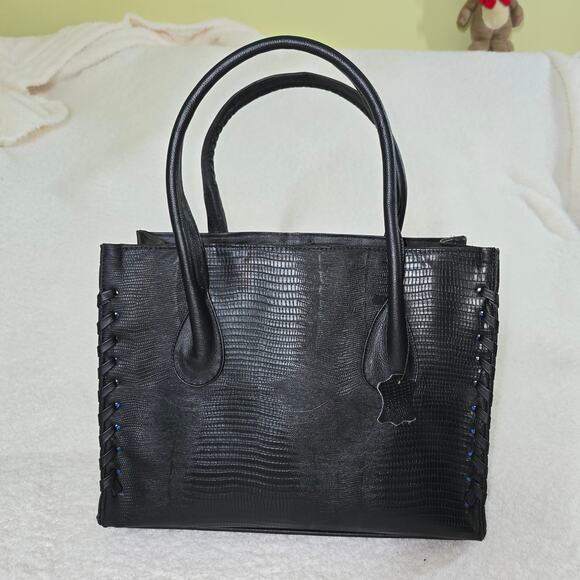 Black Lizard Embossed Leather Tote Bag Handcrafted in Mexico - Picture 1 of 5